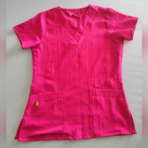 Four Stretch by WonderWink Scrub Top S Womens Pimk Short Sleeve V-neck Pocket